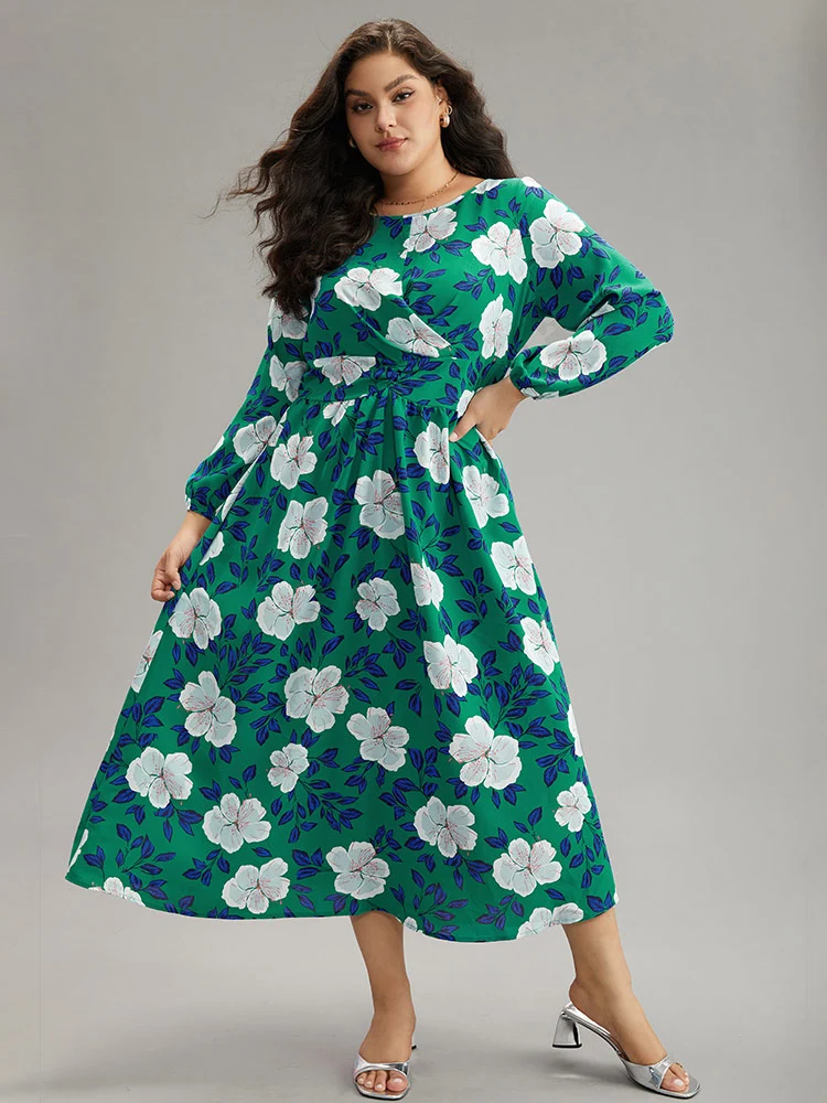 Floral Print Ruched Patchwork Elastic Cuffs Dress
