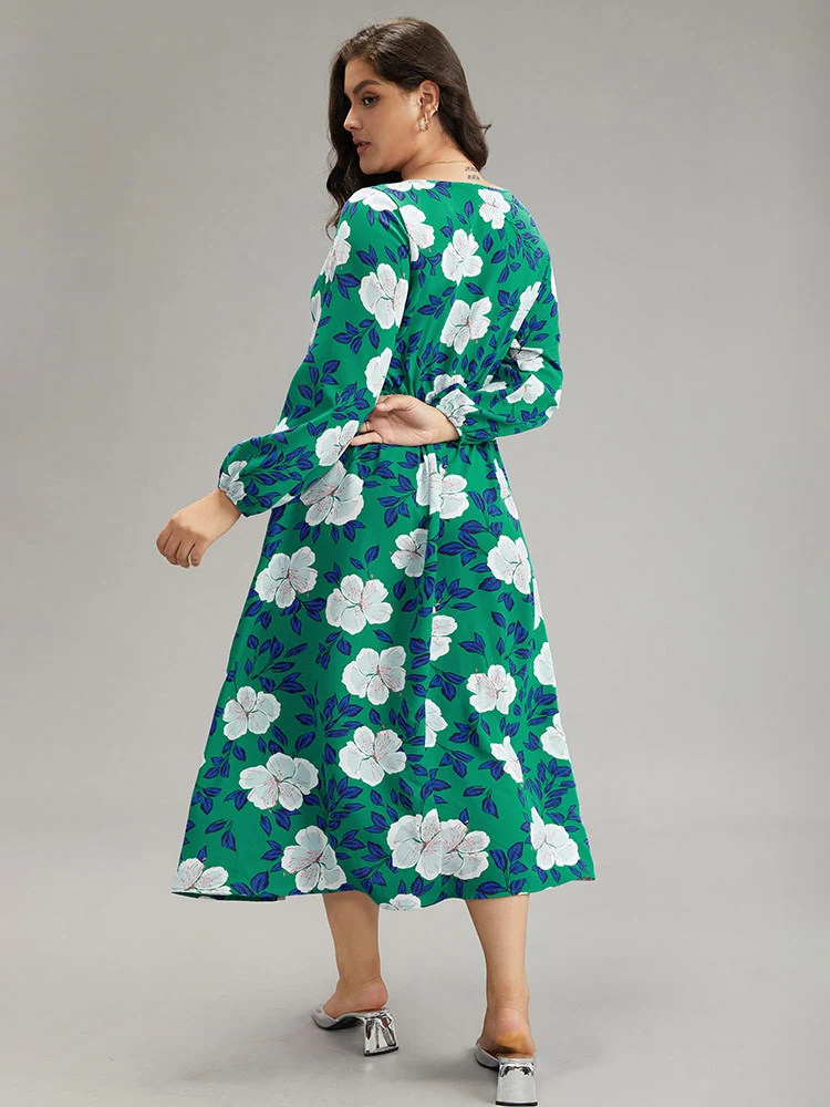 Floral Print Ruched Patchwork Elastic Cuffs Dress