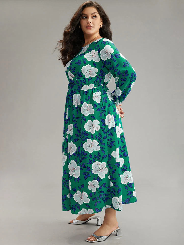Floral Print Ruched Patchwork Elastic Cuffs Dress