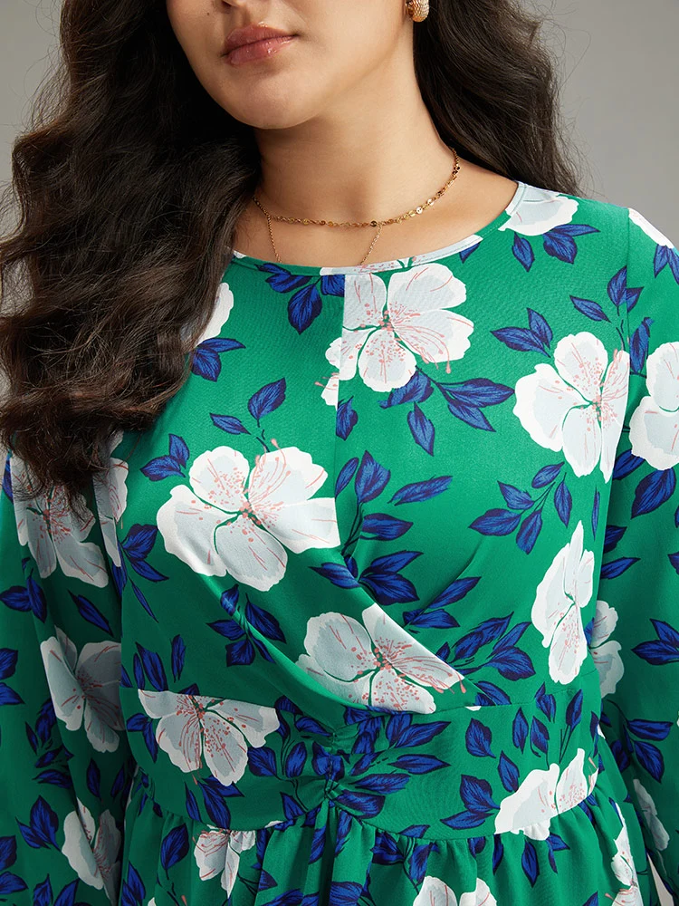 Floral Print Ruched Patchwork Elastic Cuffs Dress