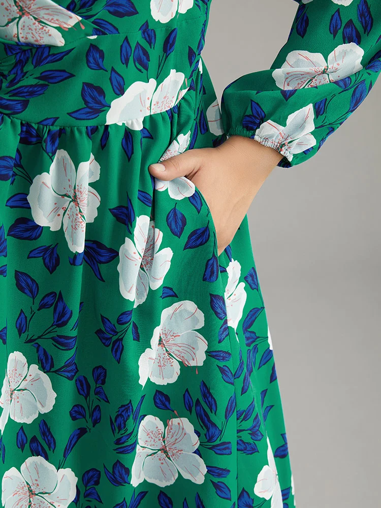 Floral Print Ruched Patchwork Elastic Cuffs Dress