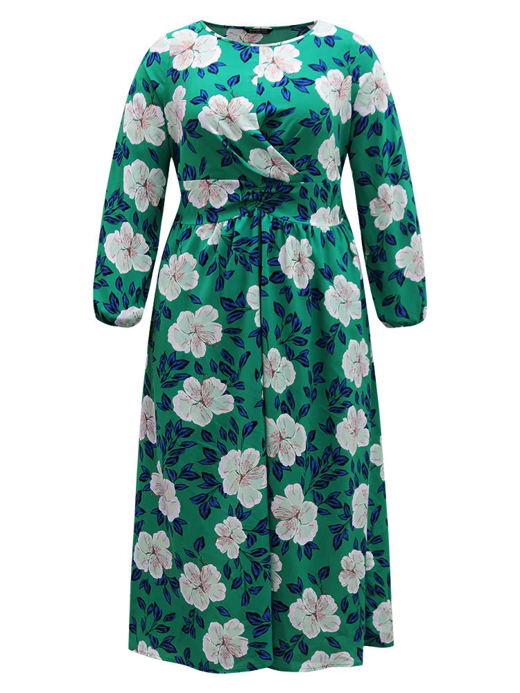 Floral Print Ruched Patchwork Elastic Cuffs Dress