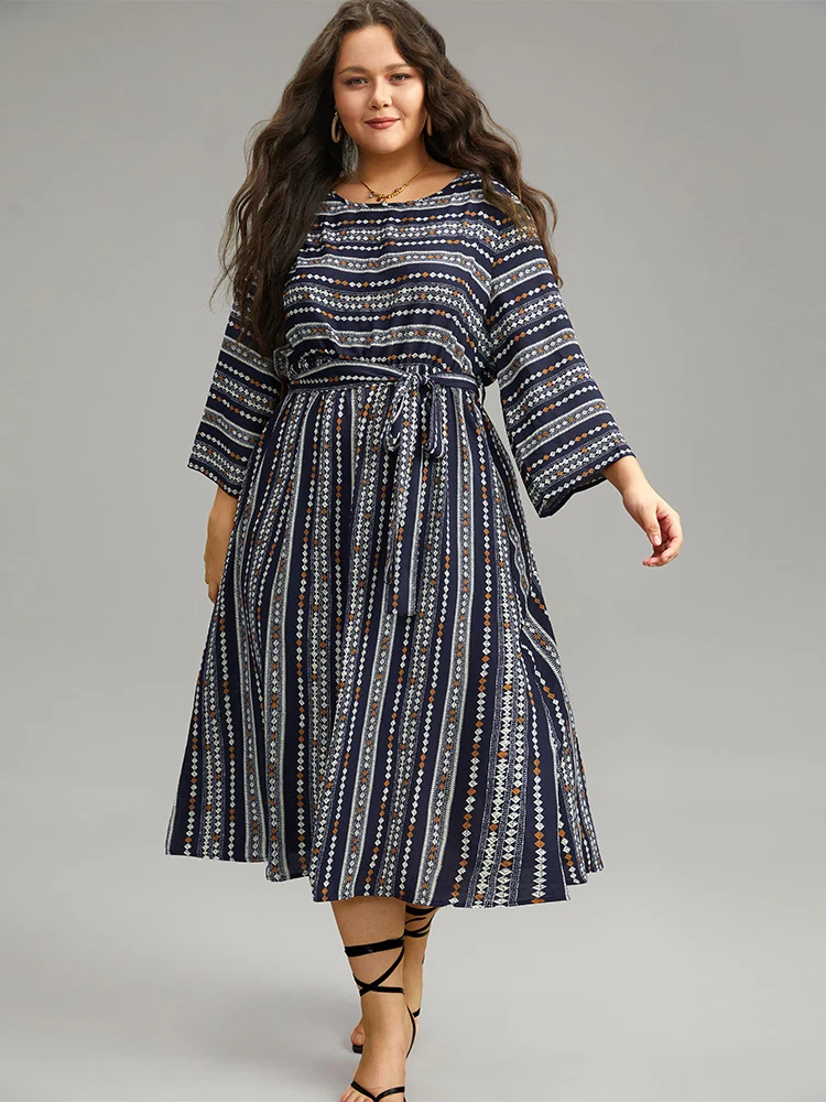 Striped Geometric Patchwork Belted Pocket Dress