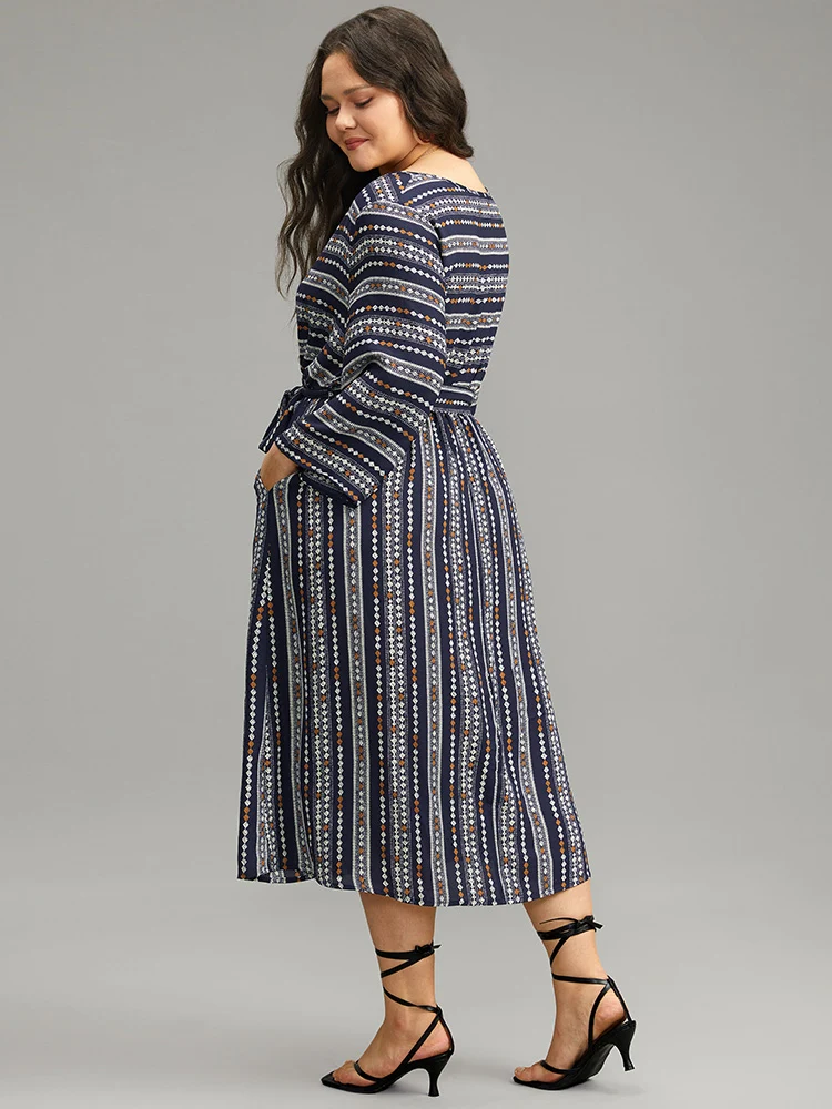 Striped Geometric Patchwork Belted Pocket Dress