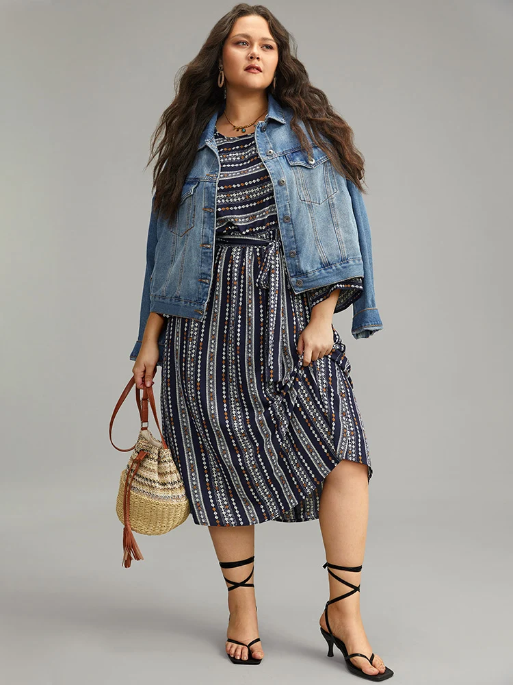 Striped Geometric Patchwork Belted Pocket Dress