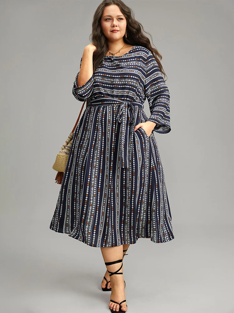 Striped Geometric Patchwork Belted Pocket Dress