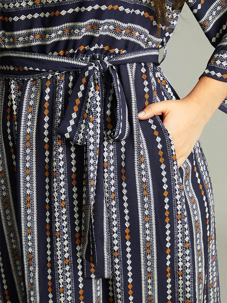 Striped Geometric Patchwork Belted Pocket Dress