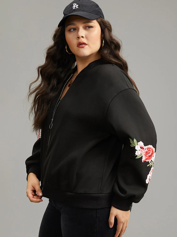 Floral Embroidered O Ring Zipper Jacket