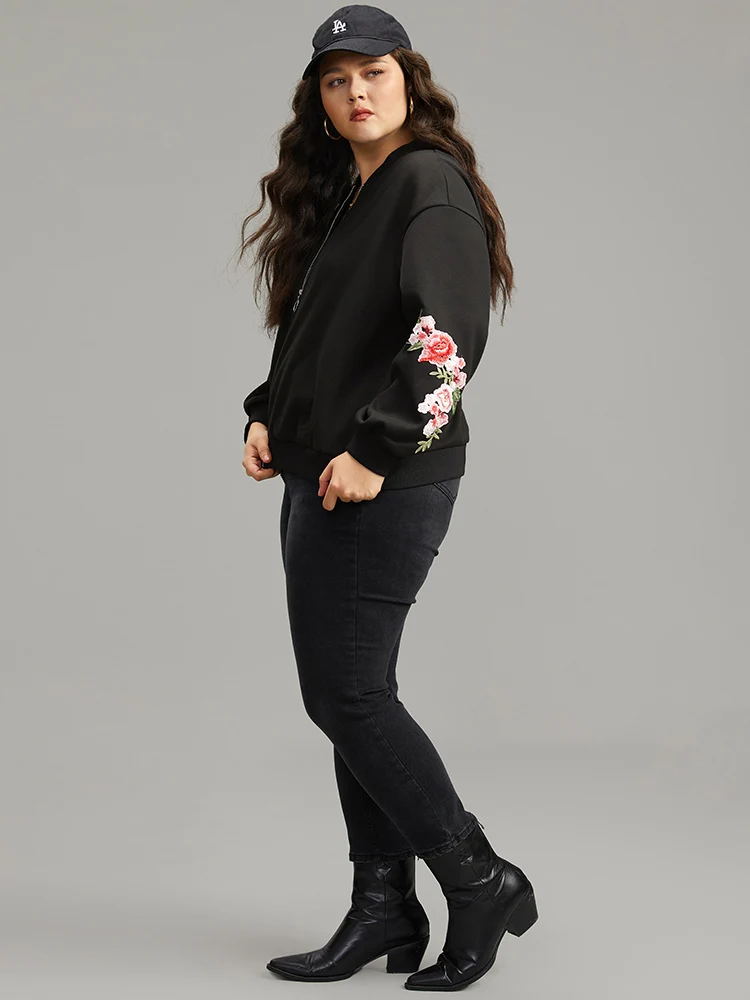Floral Embroidered O Ring Zipper Jacket