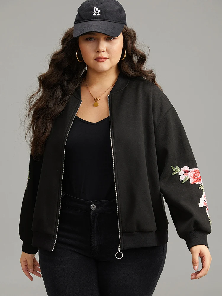 Floral Embroidered O Ring Zipper Jacket