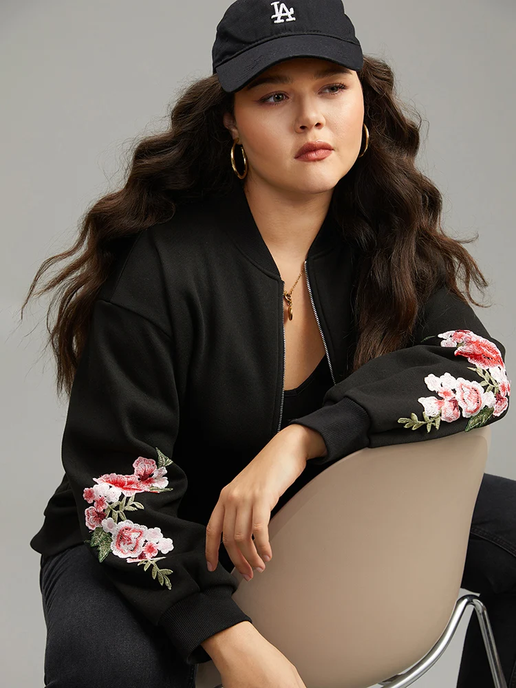 Floral Embroidered O Ring Zipper Jacket