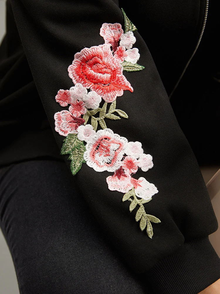 Floral Embroidered O Ring Zipper Jacket