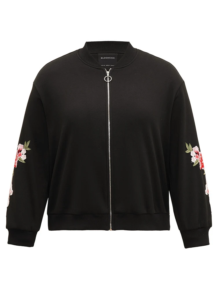 Floral Embroidered O Ring Zipper Jacket