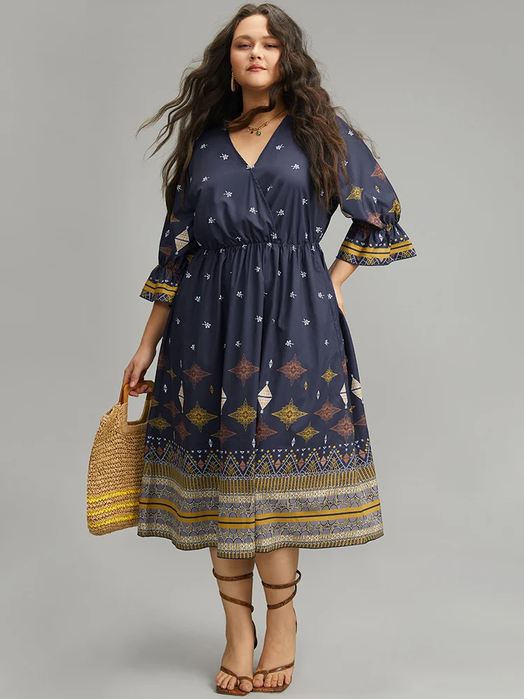 Boho Print Elastic Waist Elastic Cuffs Dress