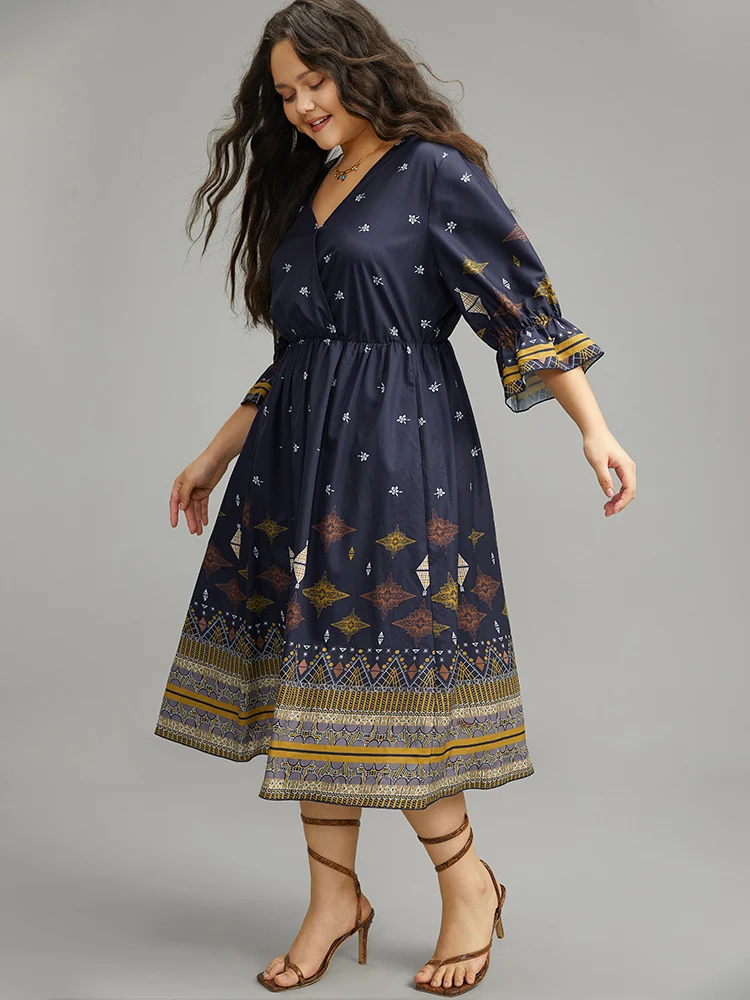 Boho Print Elastic Waist Elastic Cuffs Dress