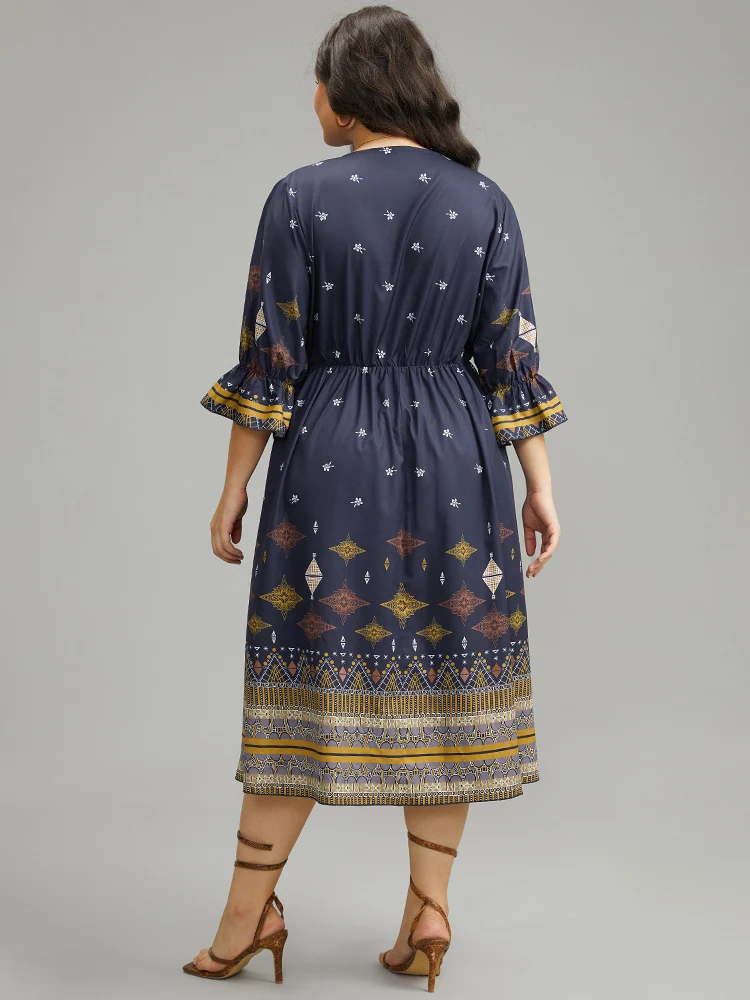 Boho Print Elastic Waist Elastic Cuffs Dress