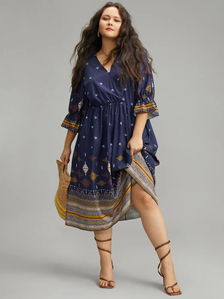 Boho Print Elastic Waist Elastic Cuffs Dress