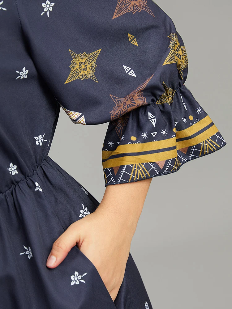 Boho Print Elastic Waist Elastic Cuffs Dress