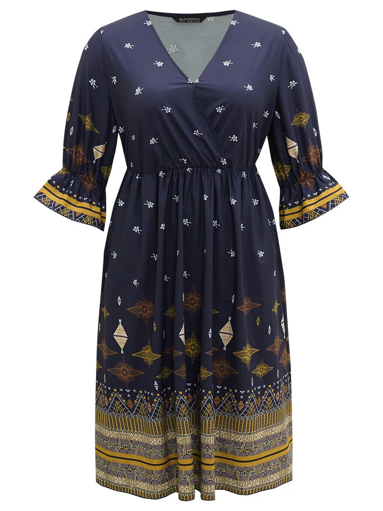 Boho Print Elastic Waist Elastic Cuffs Dress