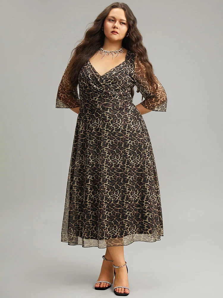 Leopard Print Mesh Patchwork V Neck Dress