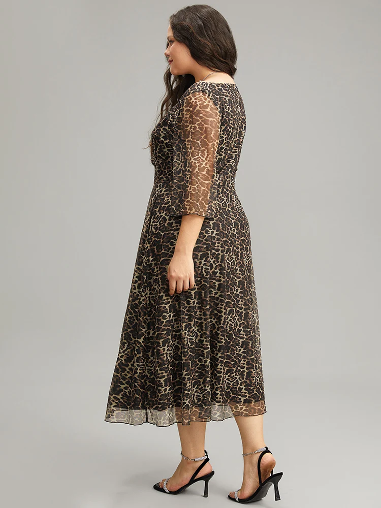Leopard Print Mesh Patchwork V Neck Dress