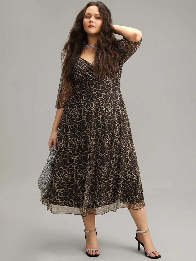 Leopard Print Mesh Patchwork V Neck Dress