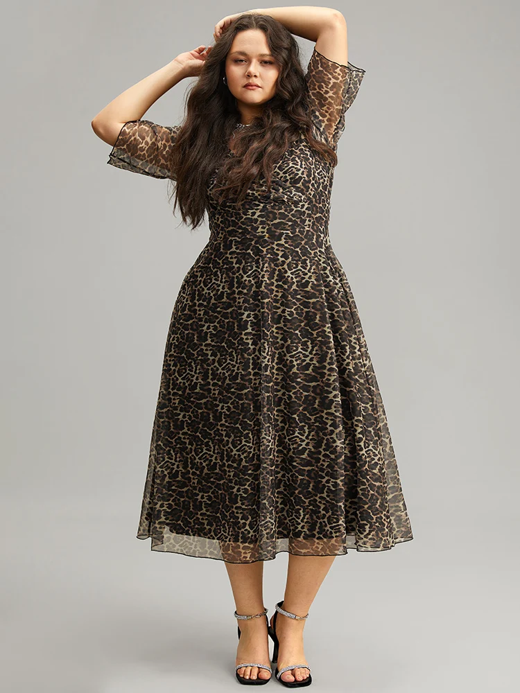 Leopard Print Mesh Patchwork V Neck Dress