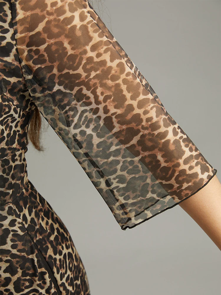 Leopard Print Mesh Patchwork V Neck Dress