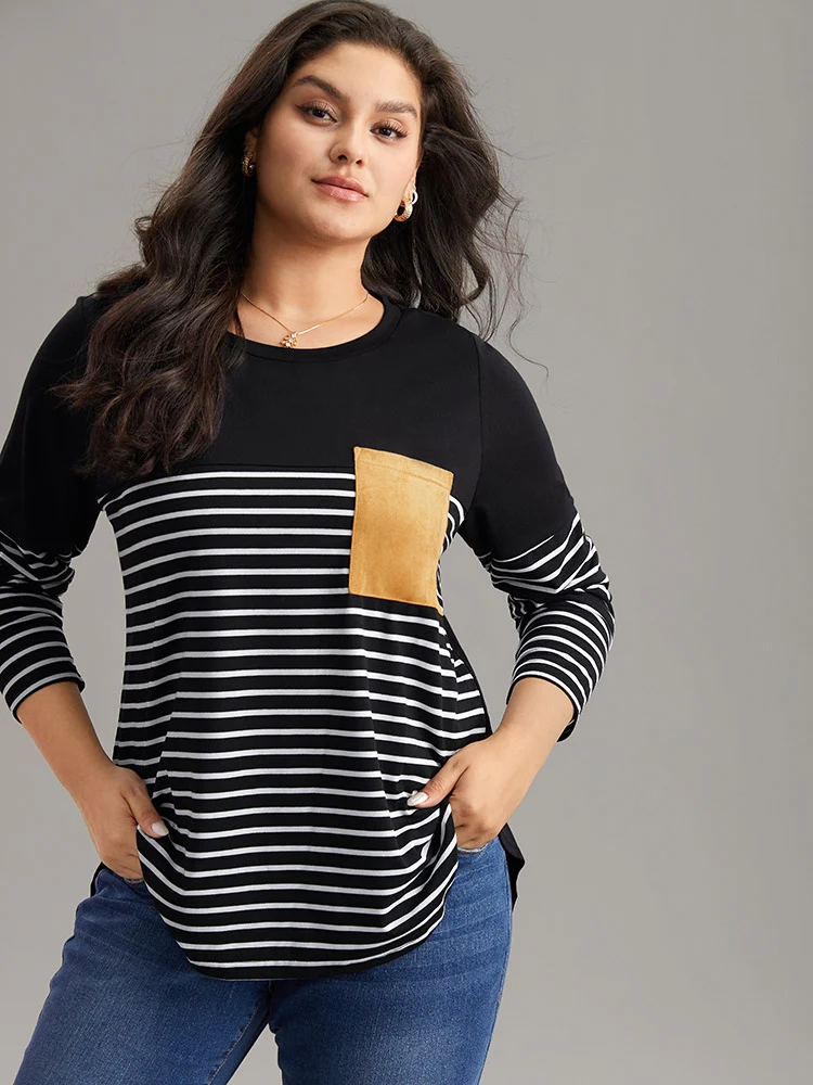 Striped Contrast Patched Pocket Arc Hem T-shirt
