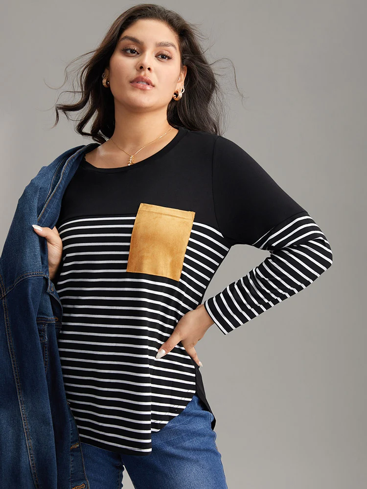 Striped Contrast Patched Pocket Arc Hem T-shirt