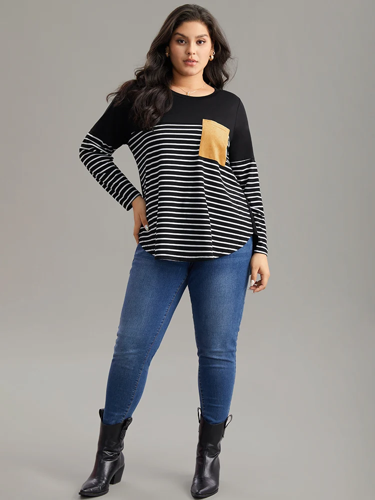 Striped Contrast Patched Pocket Arc Hem T-shirt