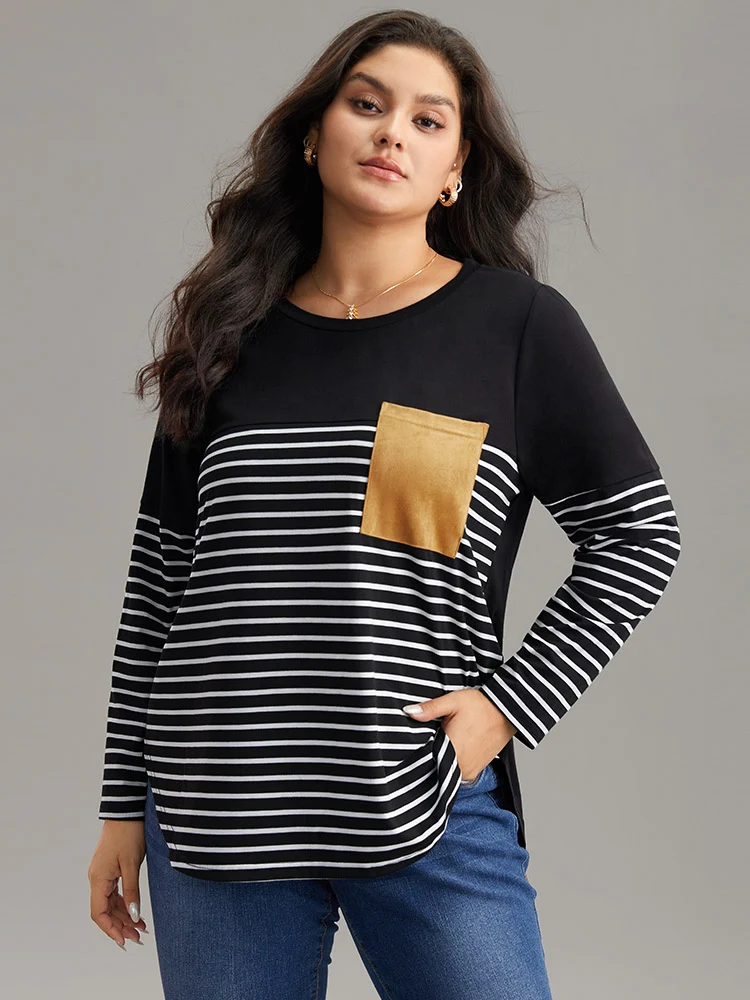 Striped Contrast Patched Pocket Arc Hem T-shirt
