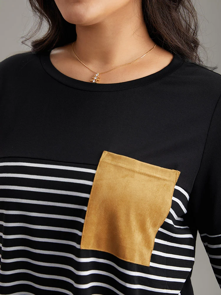Striped Contrast Patched Pocket Arc Hem T-shirt