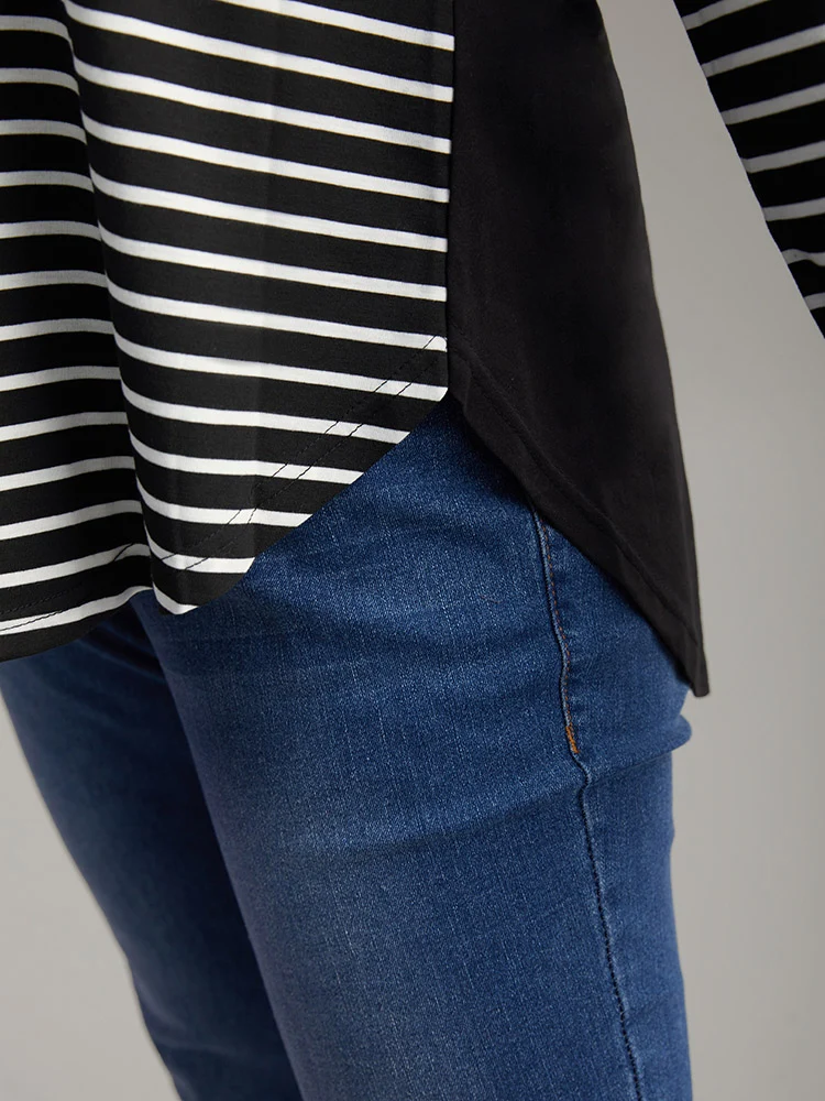 Striped Contrast Patched Pocket Arc Hem T-shirt