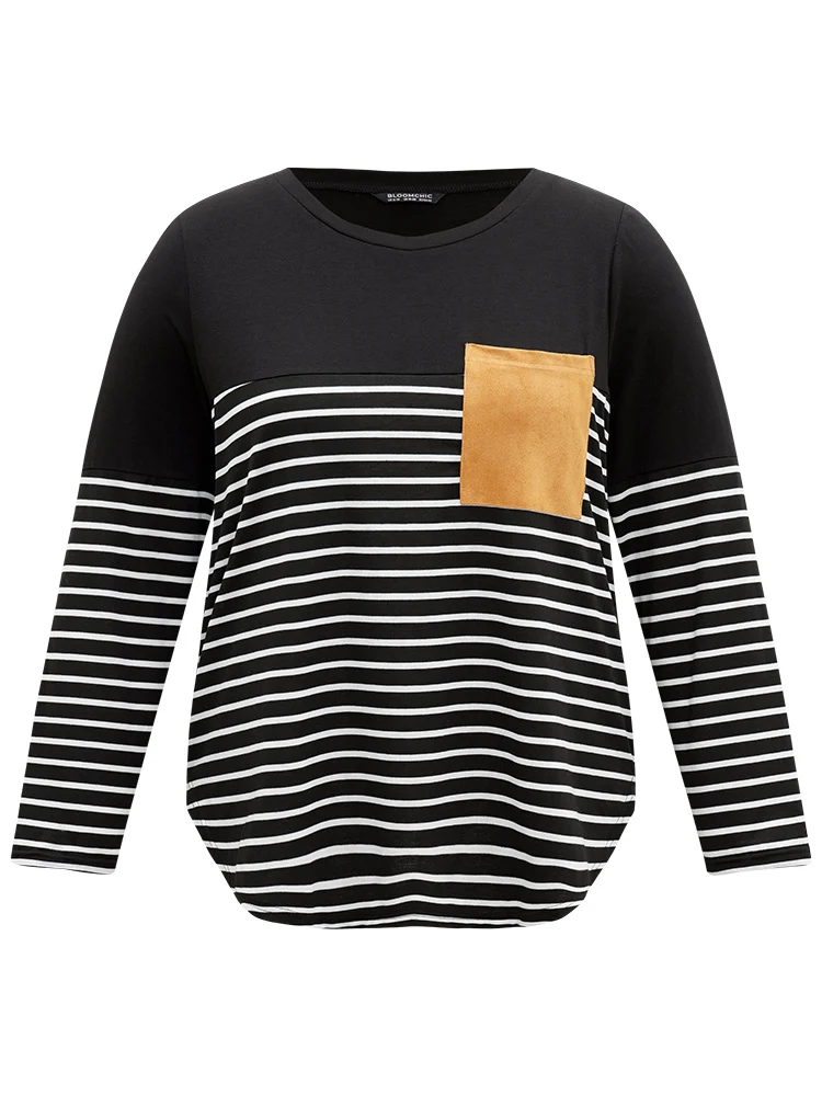 Striped Contrast Patched Pocket Arc Hem T-shirt