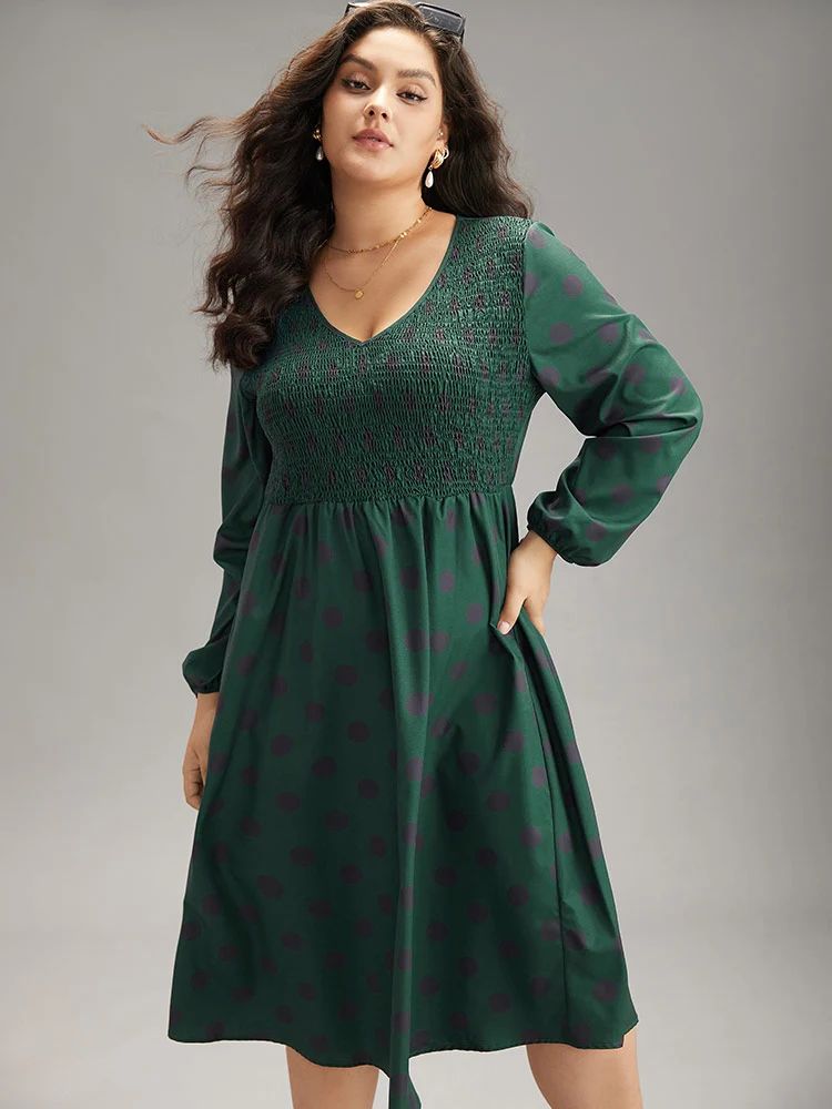Polka Dot Shirred Lantern Sleeve Dress