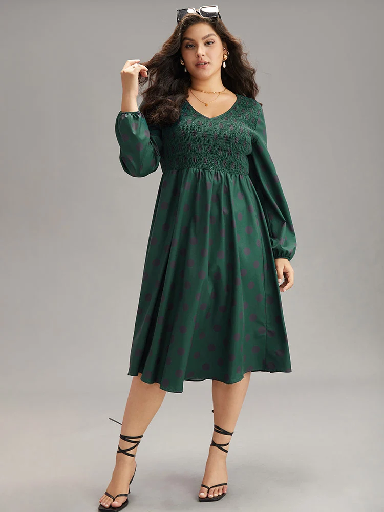 Polka Dot Shirred Lantern Sleeve Dress