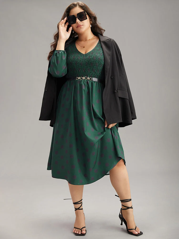 Polka Dot Shirred Lantern Sleeve Dress