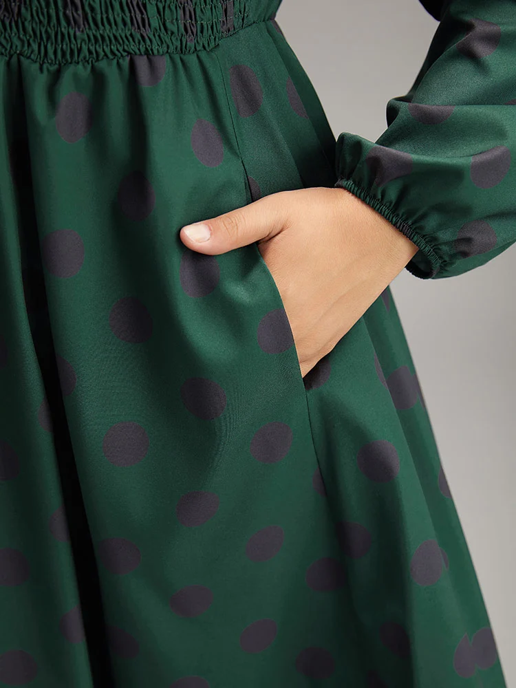 Polka Dot Shirred Lantern Sleeve Dress