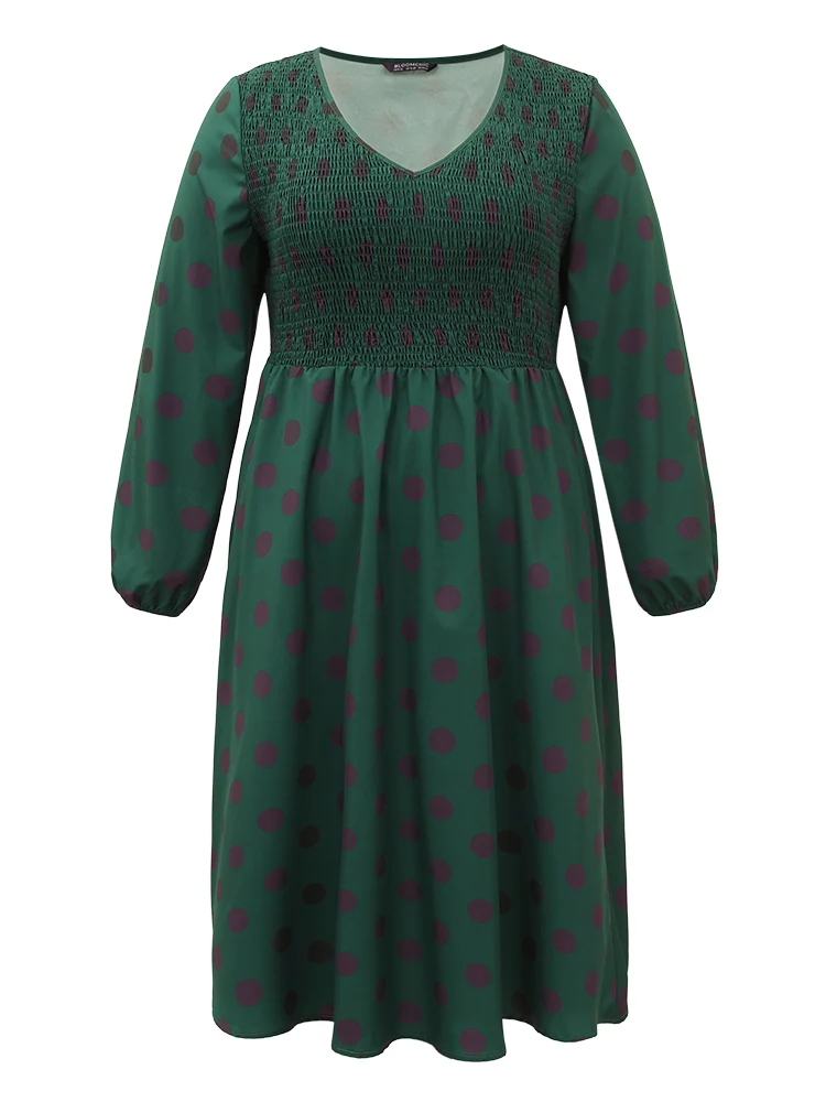 Polka Dot Shirred Lantern Sleeve Dress