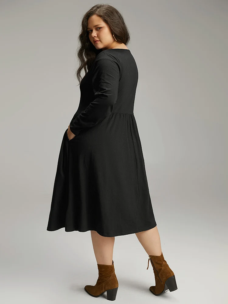 Cotton Solid Button Detail Pocket Pleated Dress