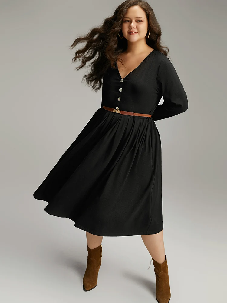 Cotton Solid Button Detail Pocket Pleated Dress