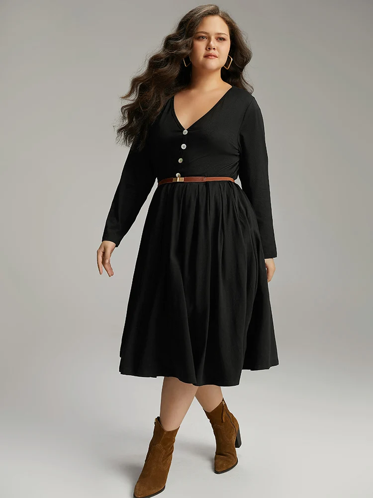 Cotton Solid Button Detail Pocket Pleated Dress