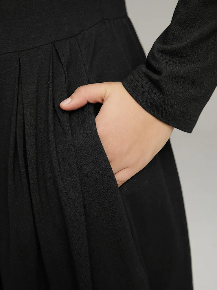 Cotton Solid Button Detail Pocket Pleated Dress