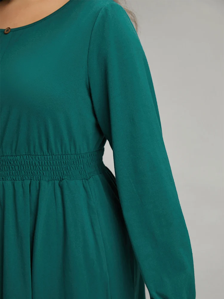 Cotton Shirred Button Detail Dress