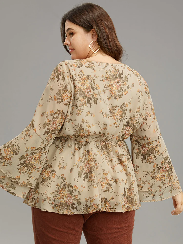 Floral Wrap Tiered Ruffles Bell Sleeve Blouse