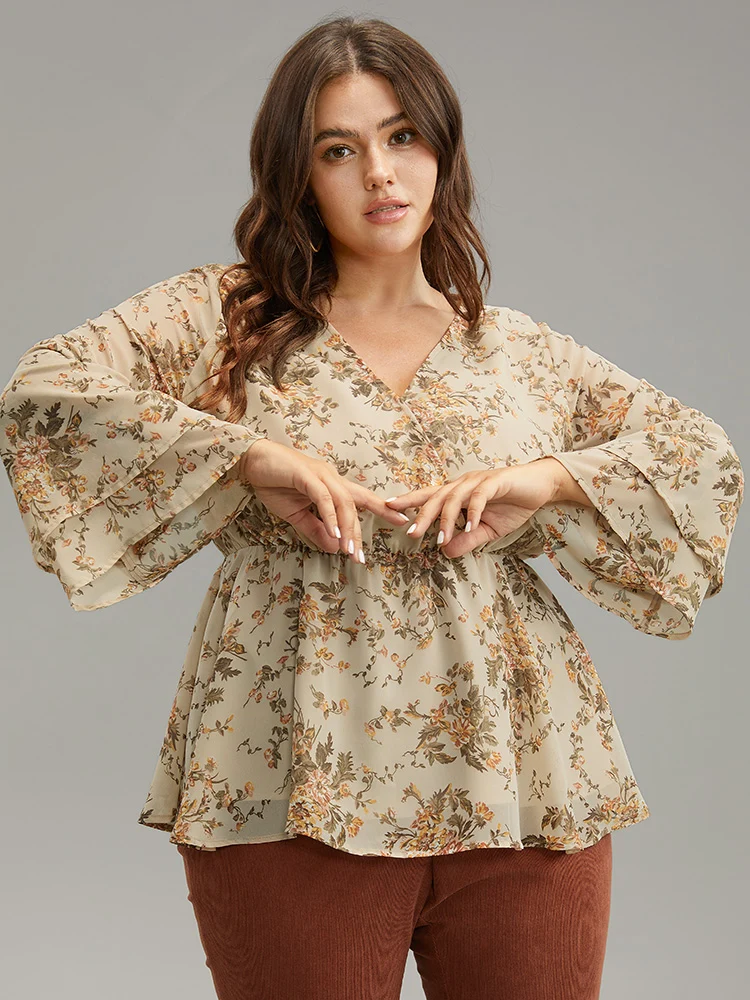 Floral Wrap Tiered Ruffles Bell Sleeve Blouse