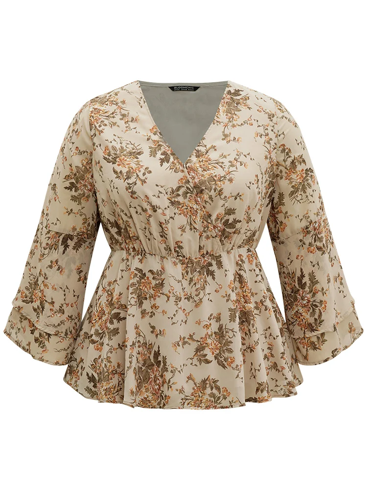 Floral Wrap Tiered Ruffles Bell Sleeve Blouse