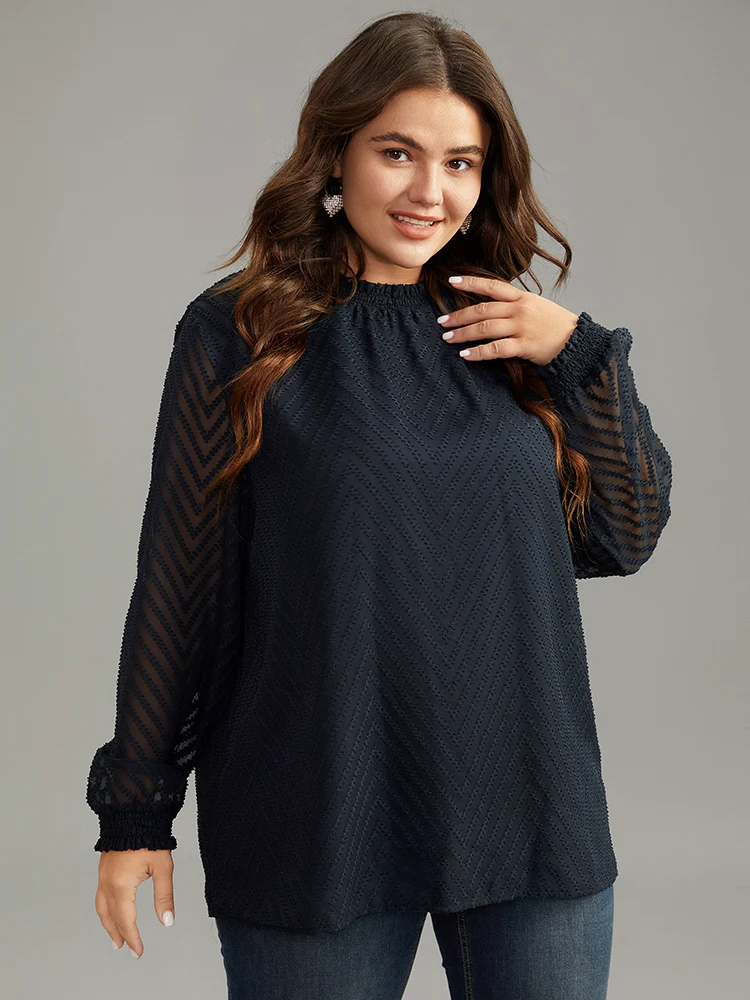 Plain Patchwork Mesh Shirred Frill Trim Blouse