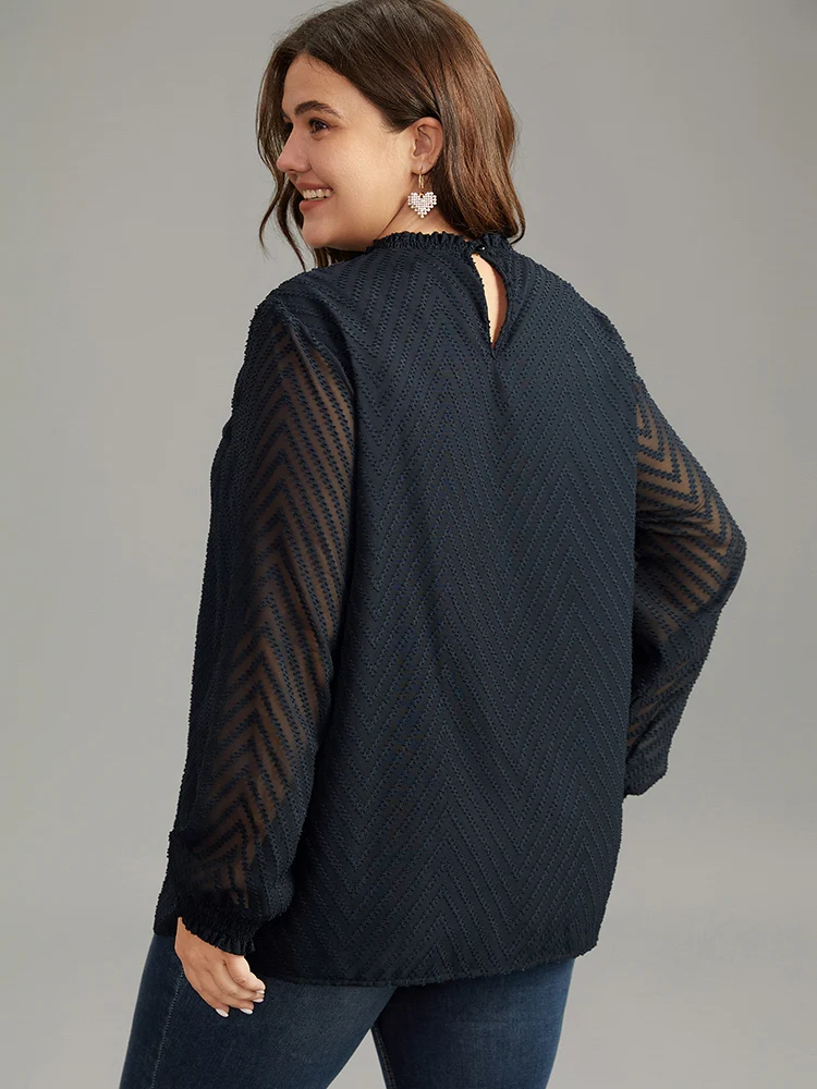 Plain Patchwork Mesh Shirred Frill Trim Blouse